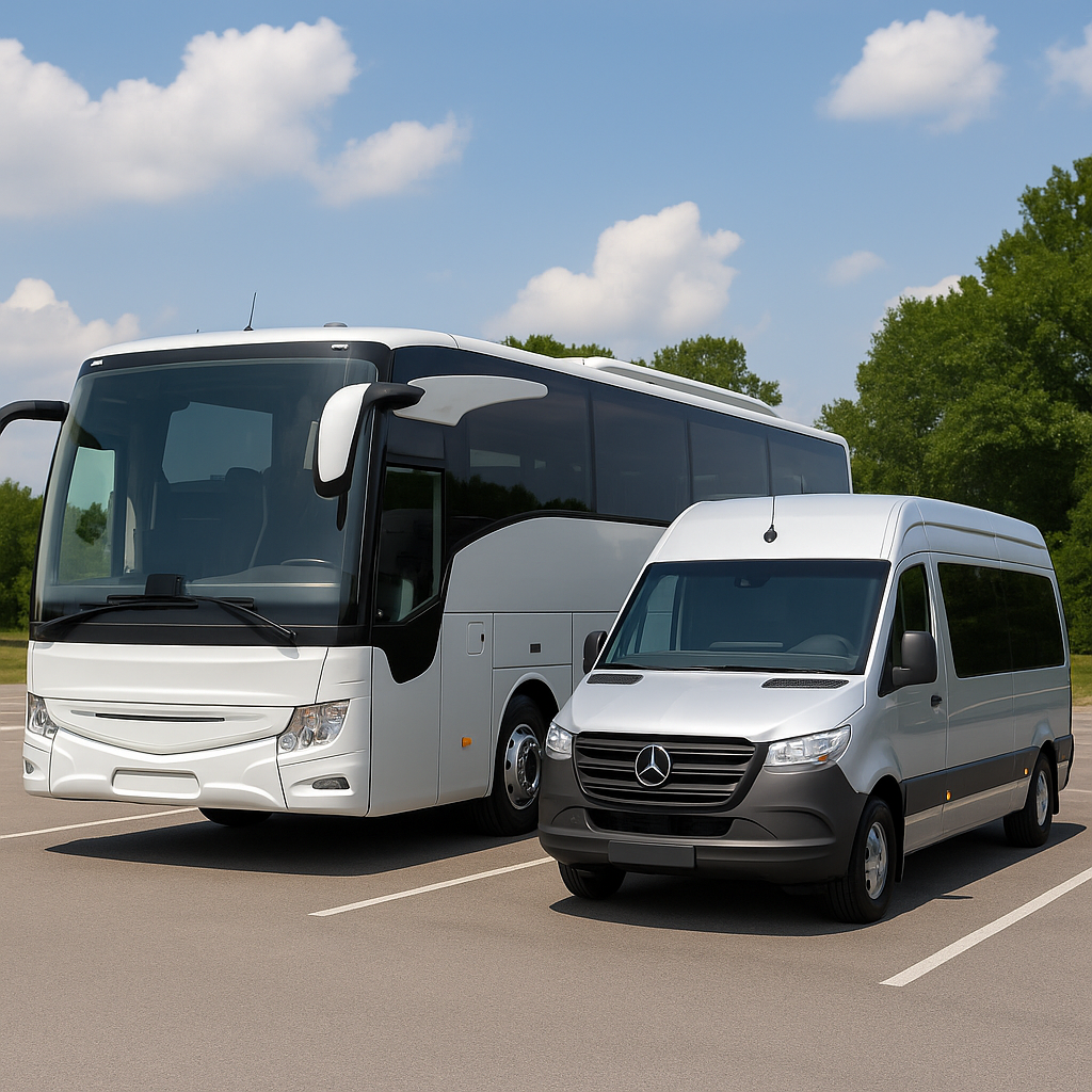 Wynajem busów i autokarów w Krakowie – nowoczesna flota pojazdów na parkingu